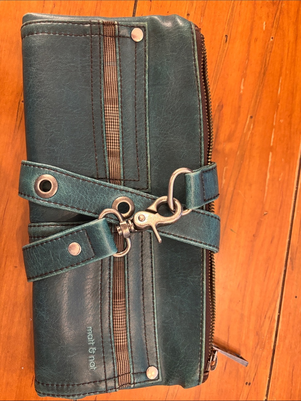 Matt & Nat Teal Zip-Around Women’s Clutch with Strap Detail